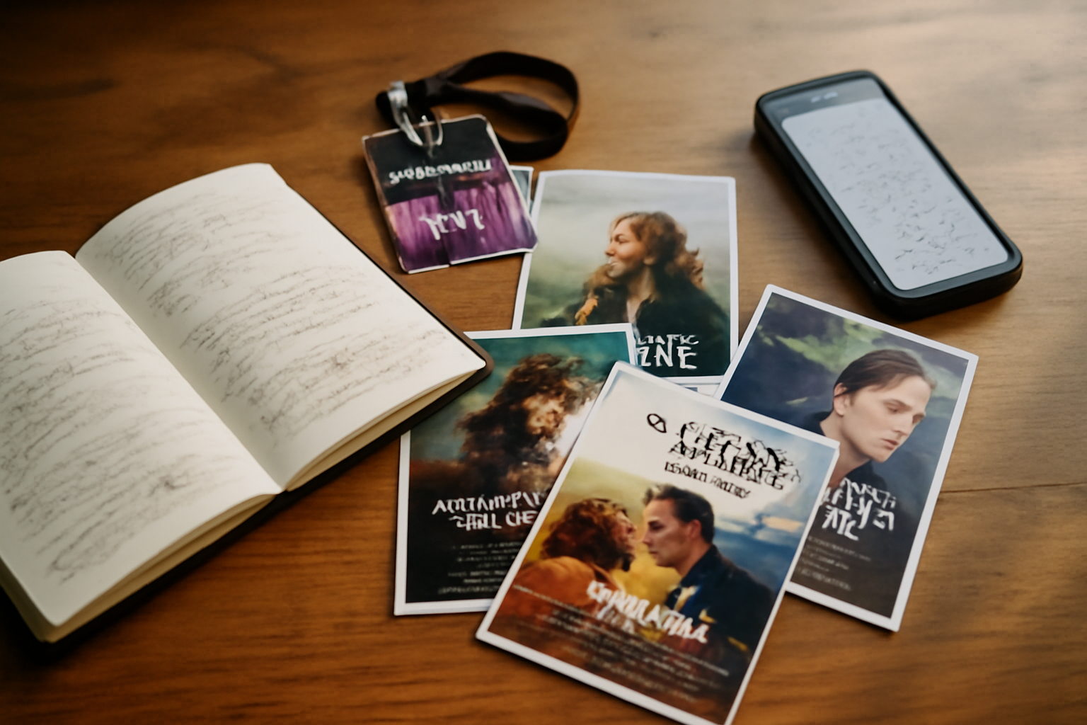 Affiche cinéma et carnet de notes sur une table, style photoréaliste, ambiance coulisses