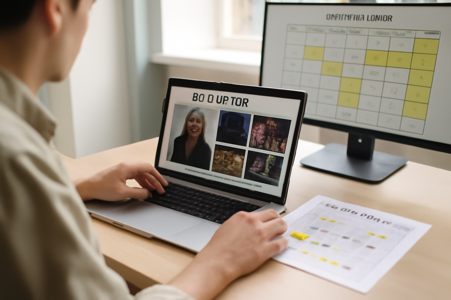Journaliste consultant un dossier de presse sur ordinateur avec captures d’écran, ambiance bureau, style photoréaliste