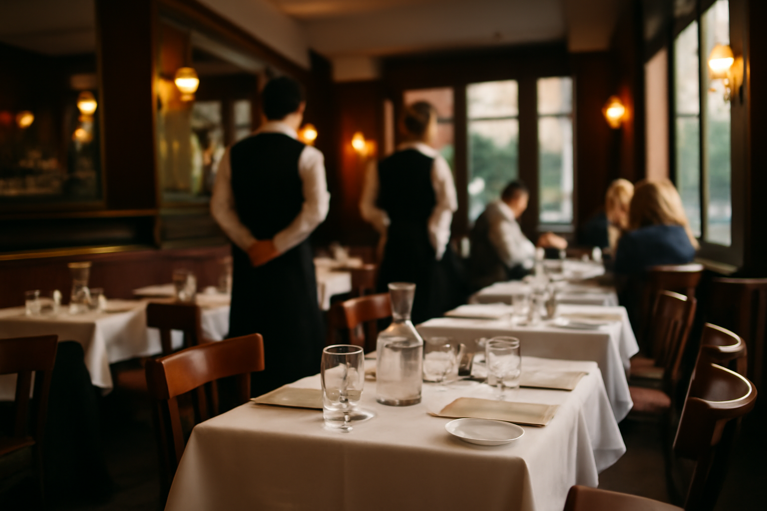 bar des théâtres à Paris : salle de brasserie près du Théâtre des Champs-Élysées, tables nappées et lumière chaude