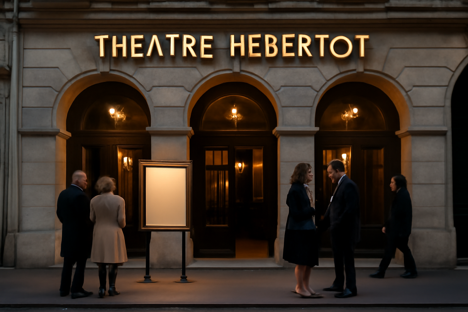 Façade du Théâtre Hébertot à Paris, entrée et ambiance soirée