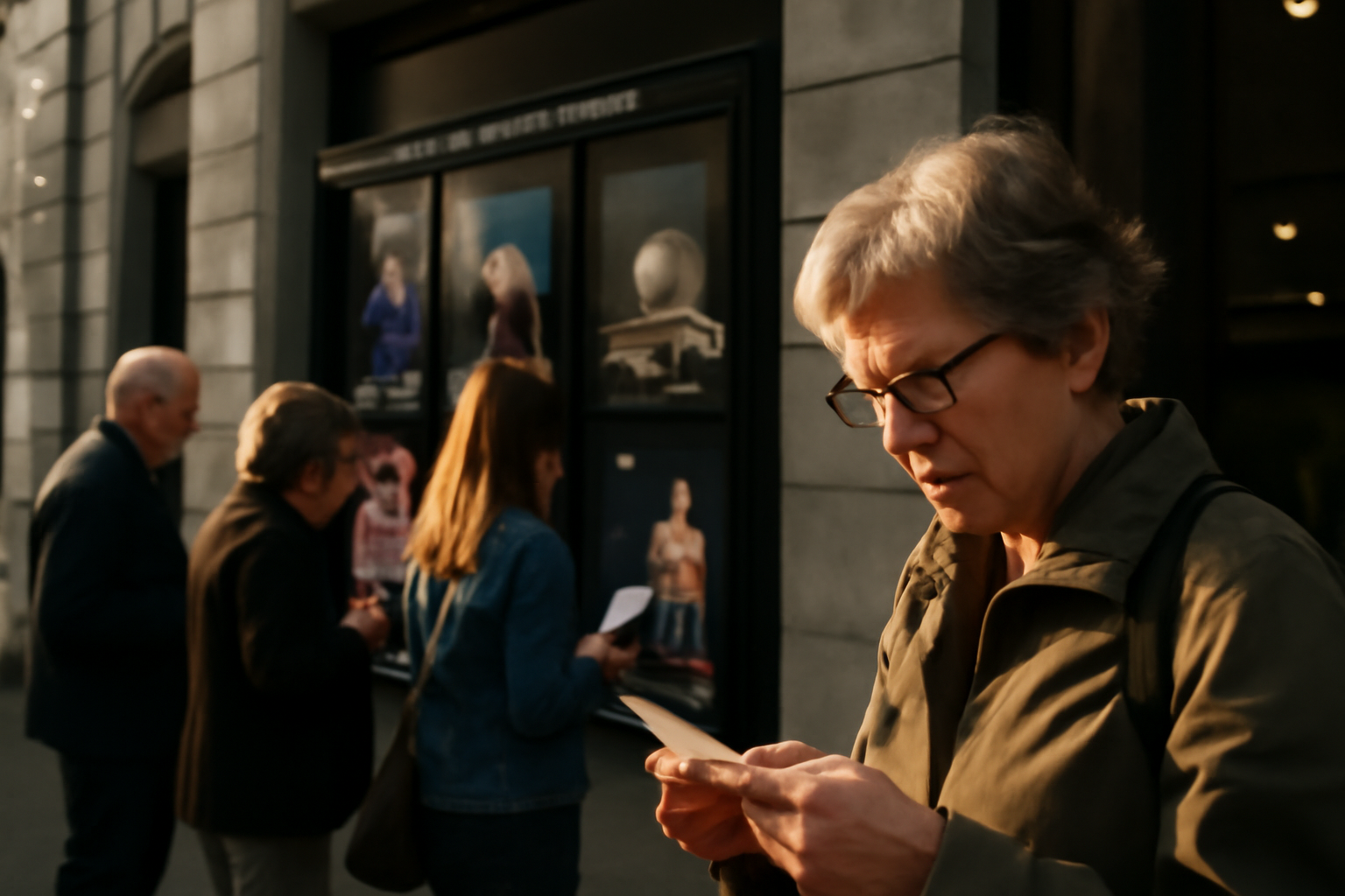Entrée de la Comédie de Saint-Étienne, affiches de spectacles et file d’attente à l’heure du début