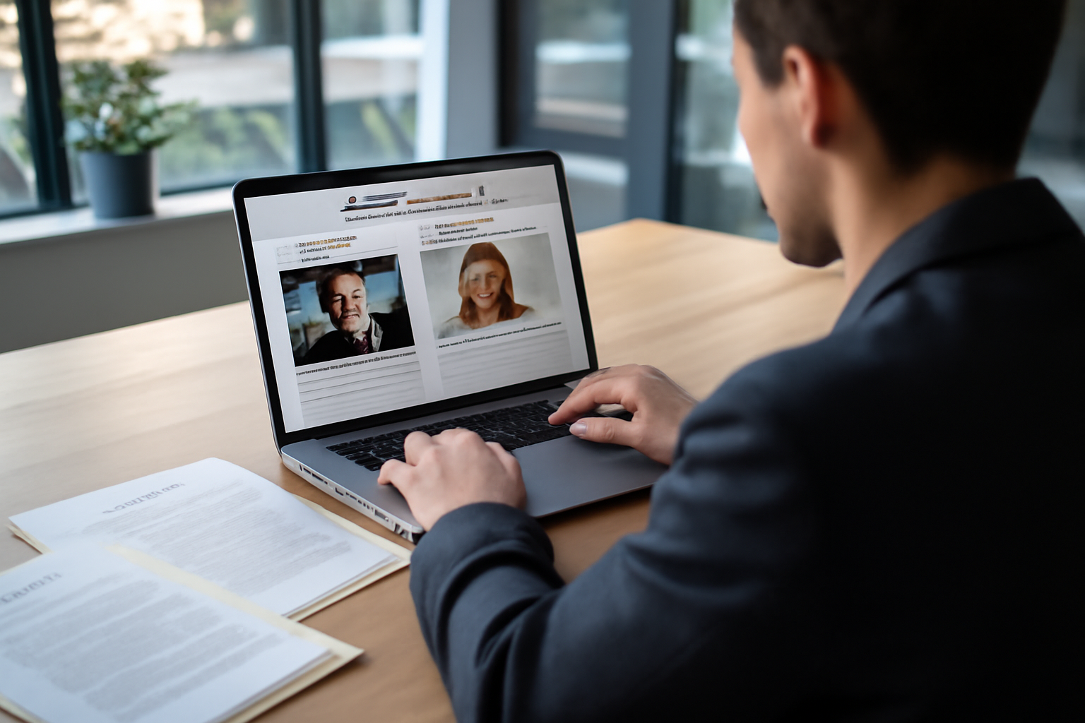 Équipe presse et cinéma : une personne au bureau avec un ordinateur ouvert sur un dossier presse et des dossiers ‘people’