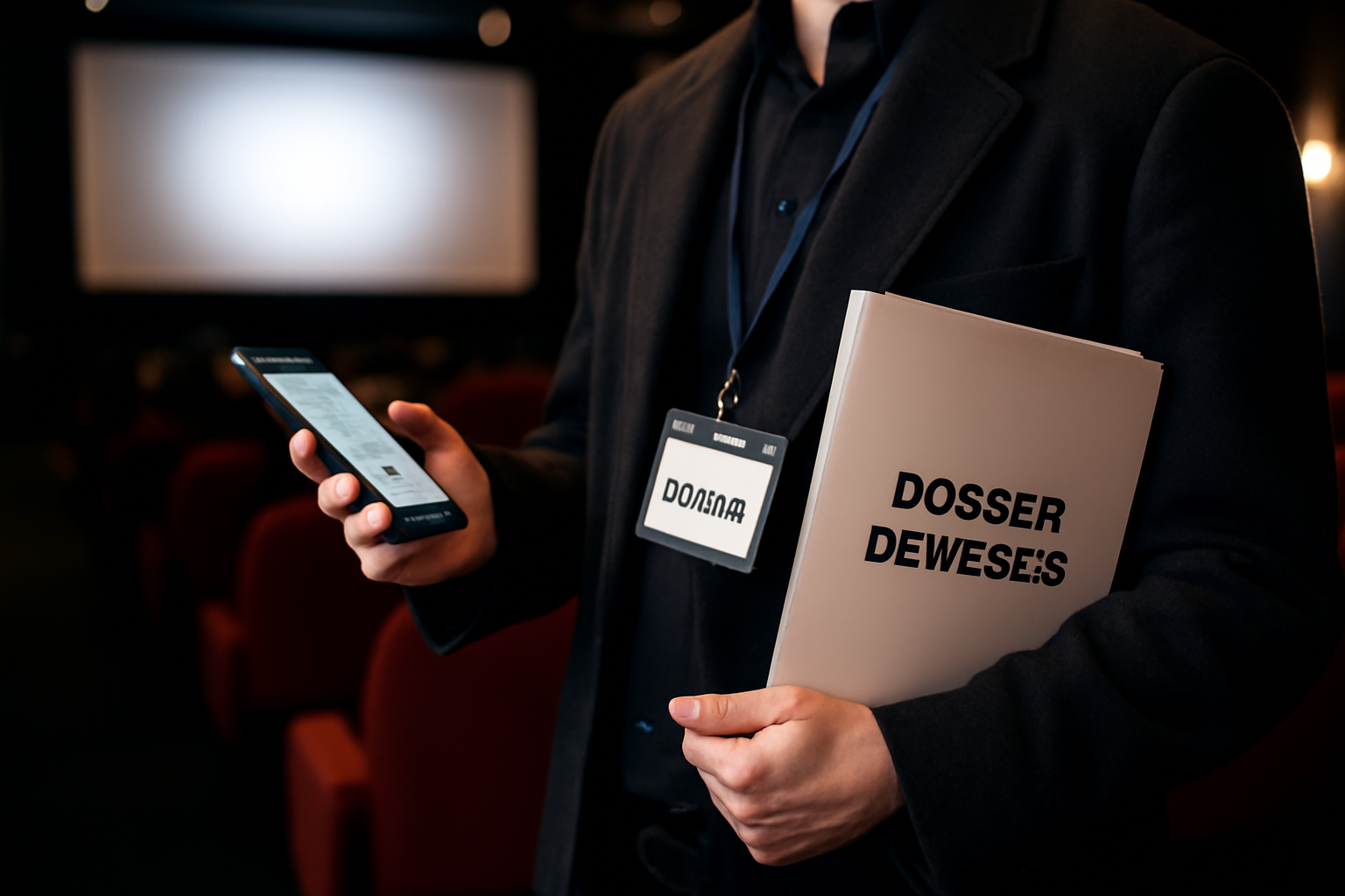 Demande presse : une personne tenant un badge presse devant un lieu d’événement cinéma