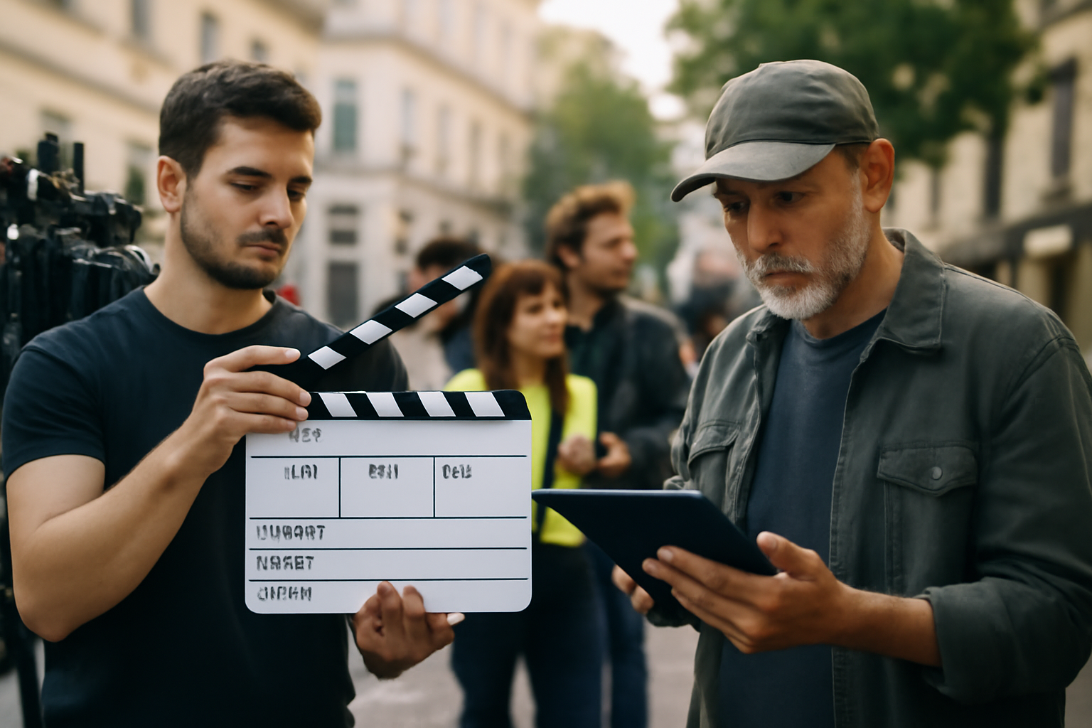 Équipe de tournage sur un plateau cinéma en lumière naturelle, assistant caméra vérifiant un clap et un producteur consultant un planning sur tablette