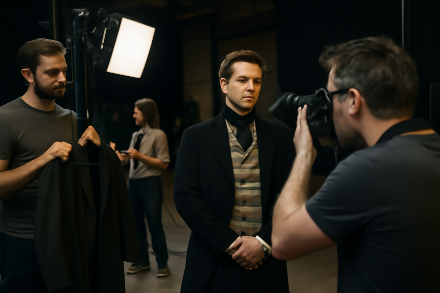 Photographe de plateau prenant une photo officielle pendant une répétition, avec des équipes en arrière-plan et un accessoiriste tenant un costume