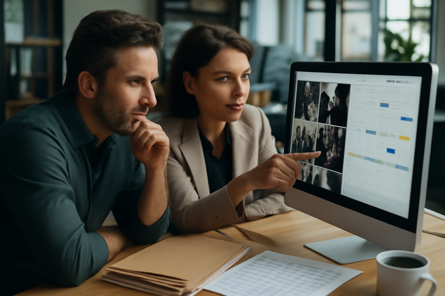 Producteur et directrice de casting consultant un écran avec des photos de plateau et un calendrier de publication