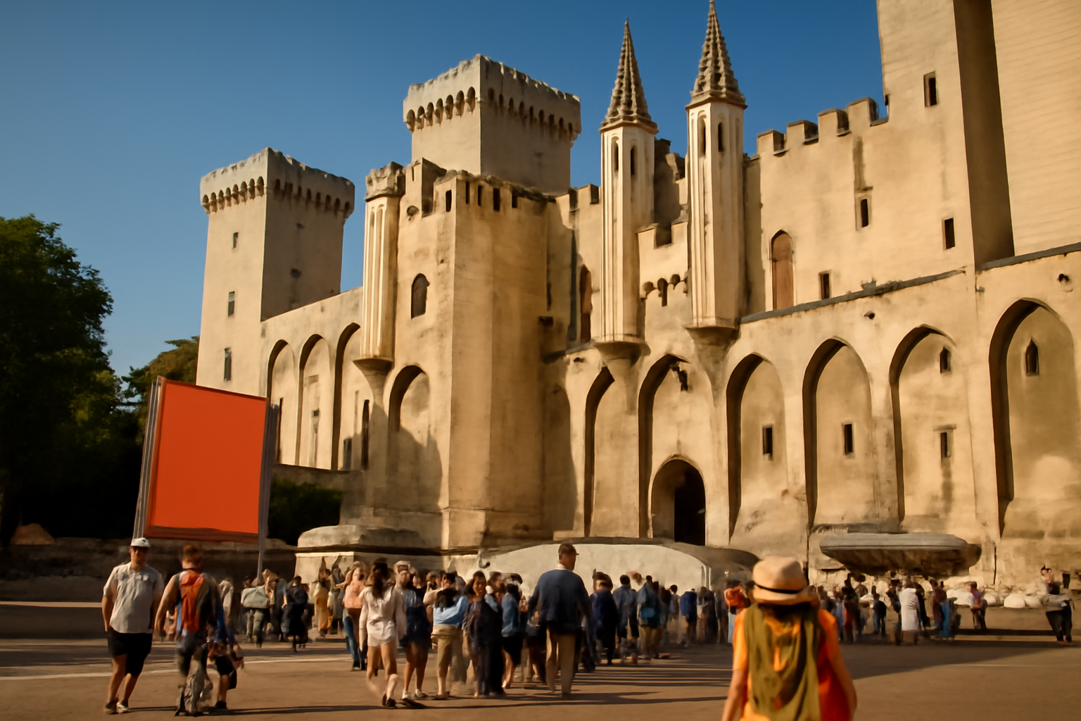 date festival avignon 2026 : vue extérieure du Palais des Papes à Avignon en été, public devant une billetterie, lumière chaude