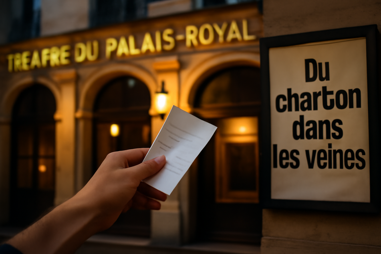 du charbon dans les veines au Théâtre du Palais-Royal, affiches et billets sur fond de façade parisienne