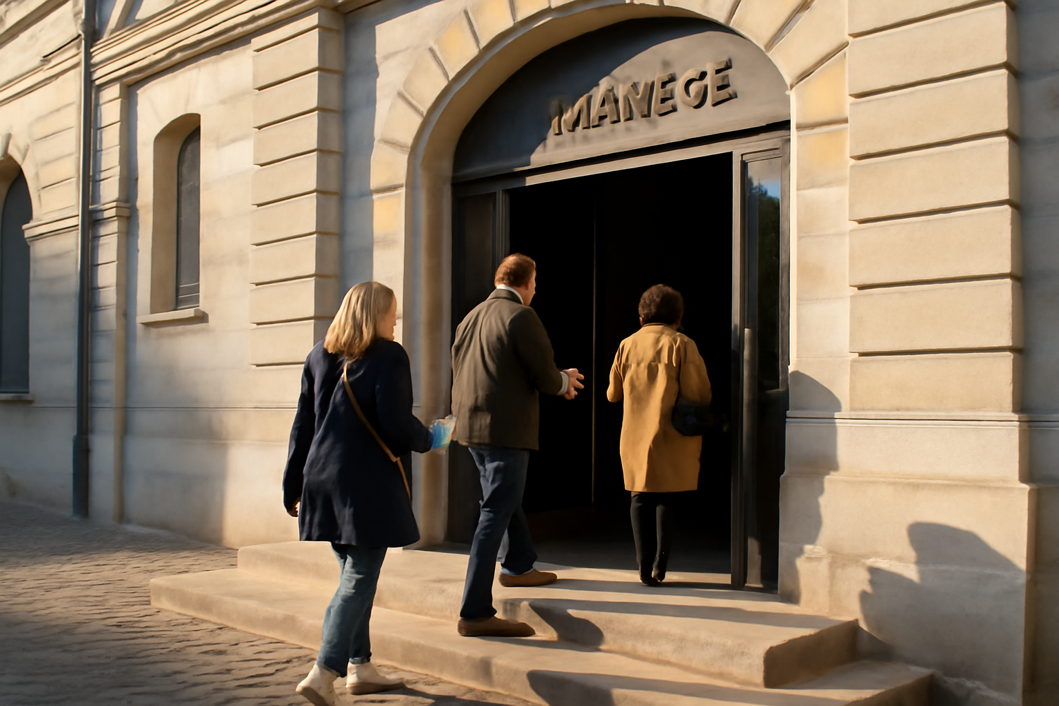 Façade du Manège de Reims avec public entrant à l’aube, éclairage naturel, ambiance spectacle