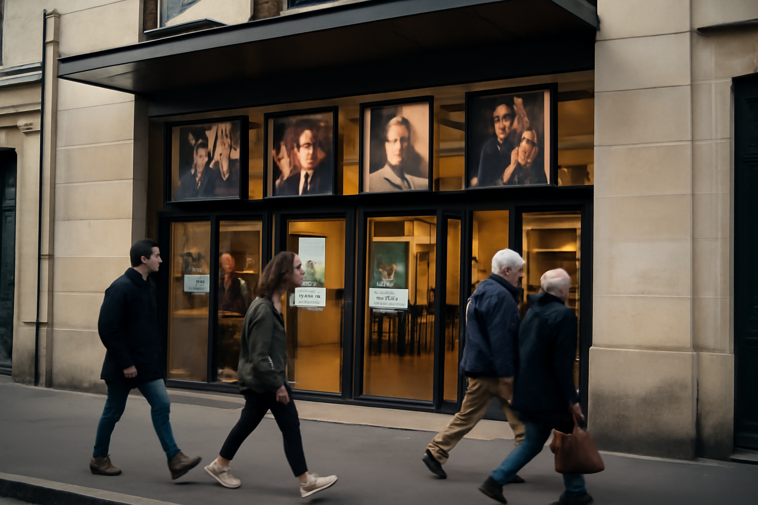 Façade du monfort théâtre à Paris, entrée de salle et affiches de programmation