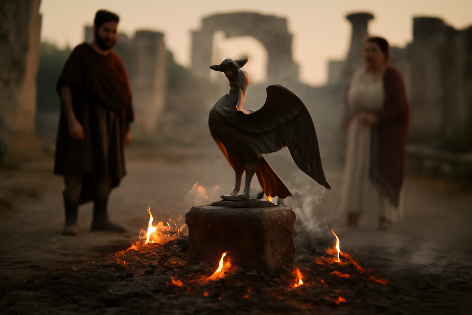 Le phénix renaît de ses cendres : scène photo réaliste avec oiseau mythique et flammes