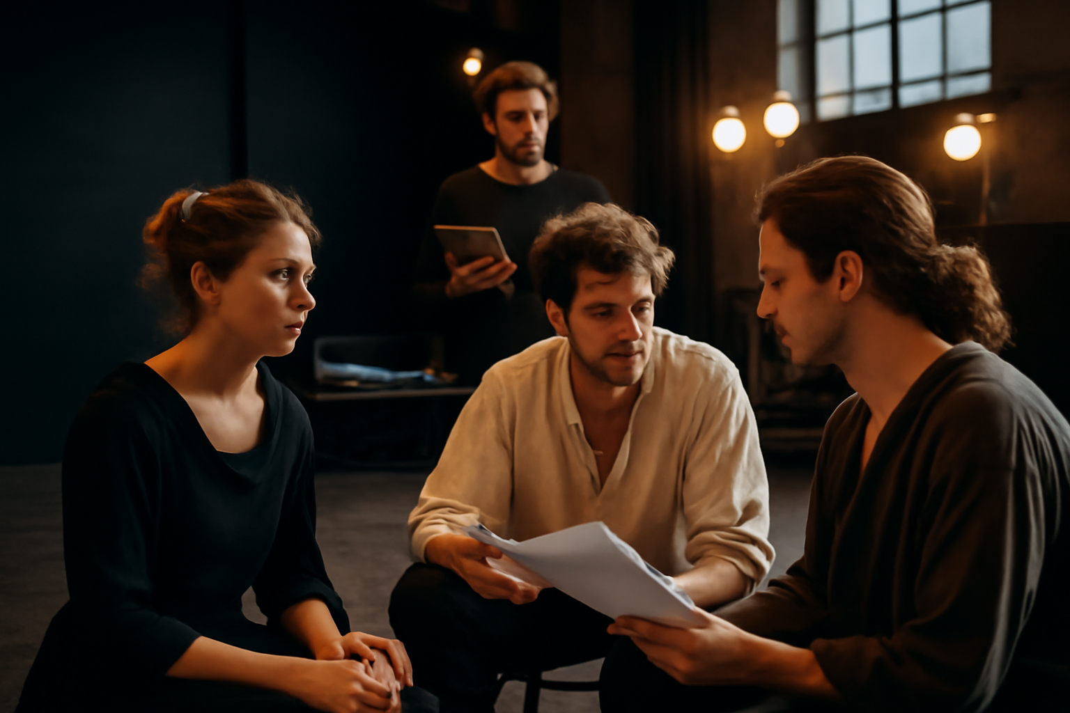 le théo théâtre en répétition sur scène, lumière chaude et acteurs en action