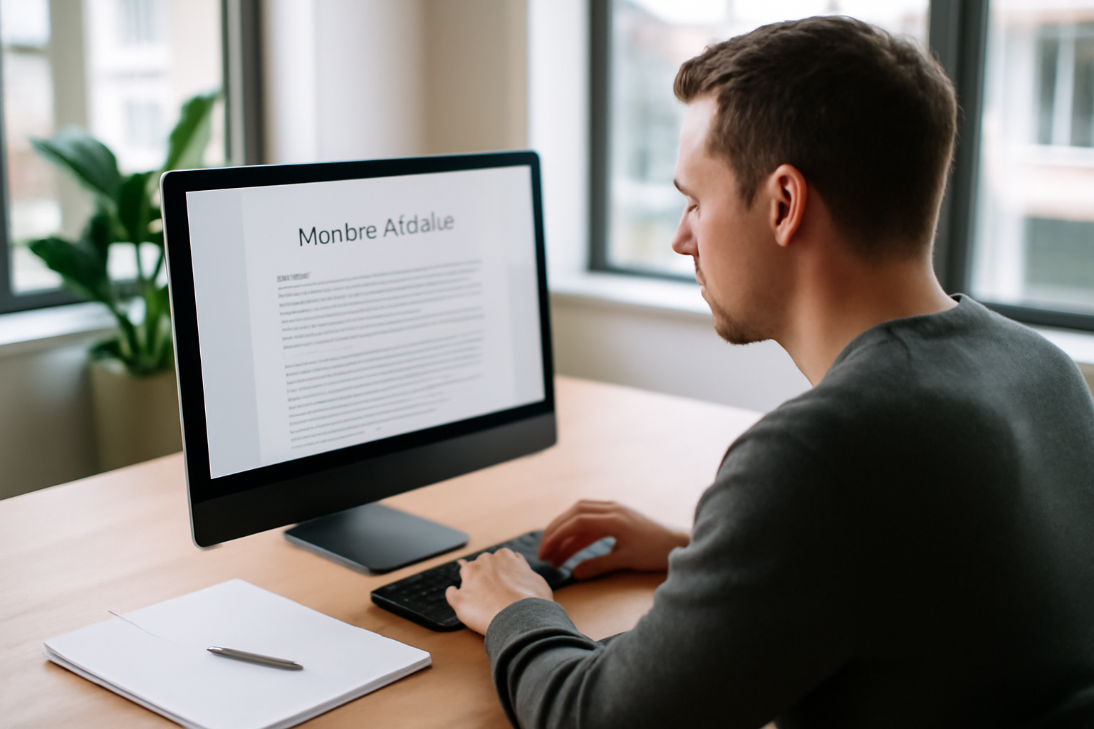 Vue d’un bureau calme avec un ordinateur affichant un document juridique de type mentions légales