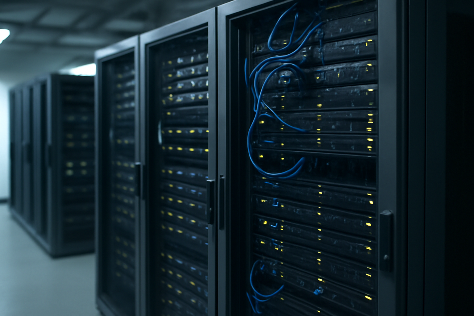 Salle de serveurs avec baies informatiques et câbles réseau, représentant l’hébergement web