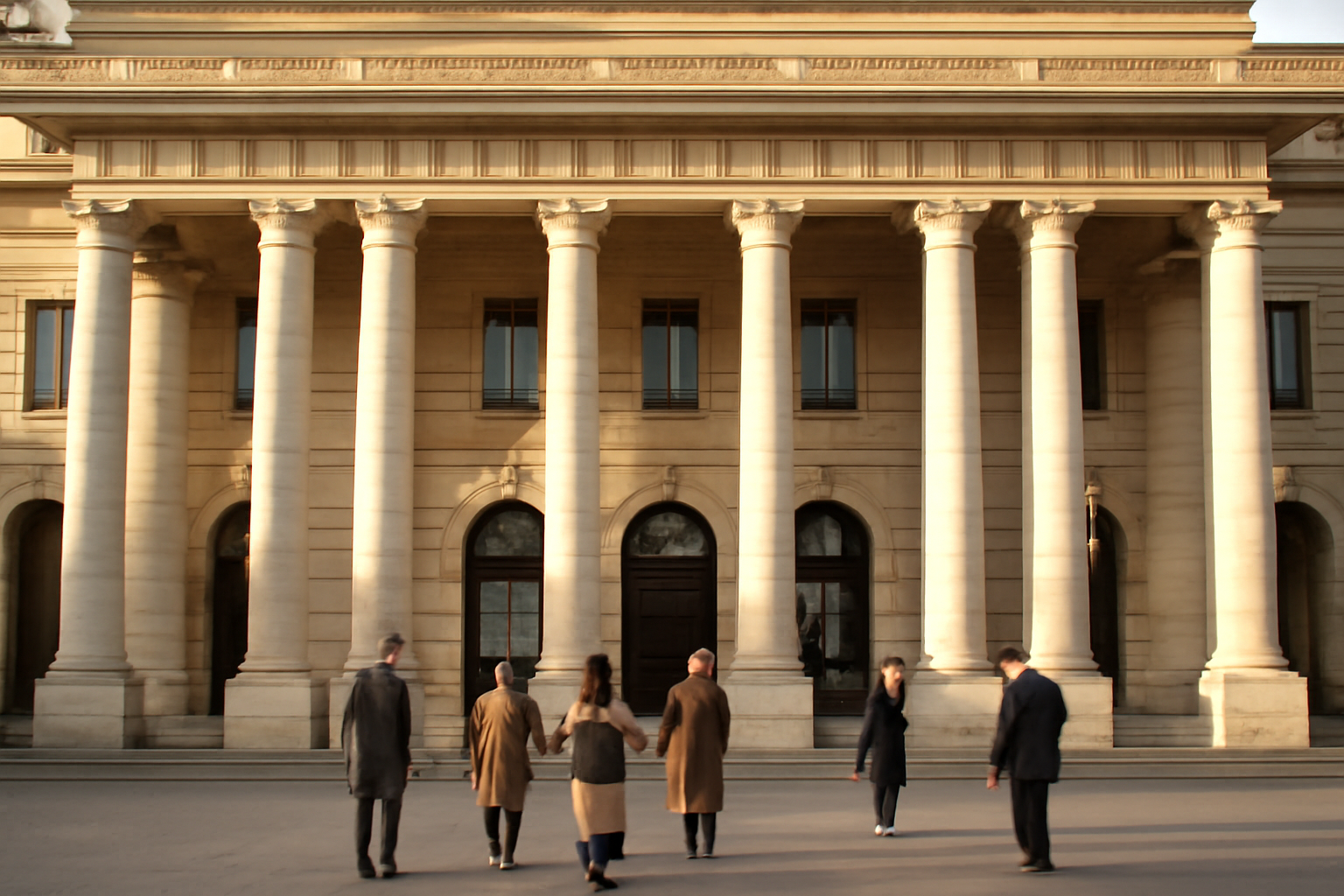 Vue extérieure de l’odéon-théâtre de l'europe à Paris, façade monumentale près du Jardin du Luxembourg, public attendant à l’entrée, lumière de fin d’après-midi