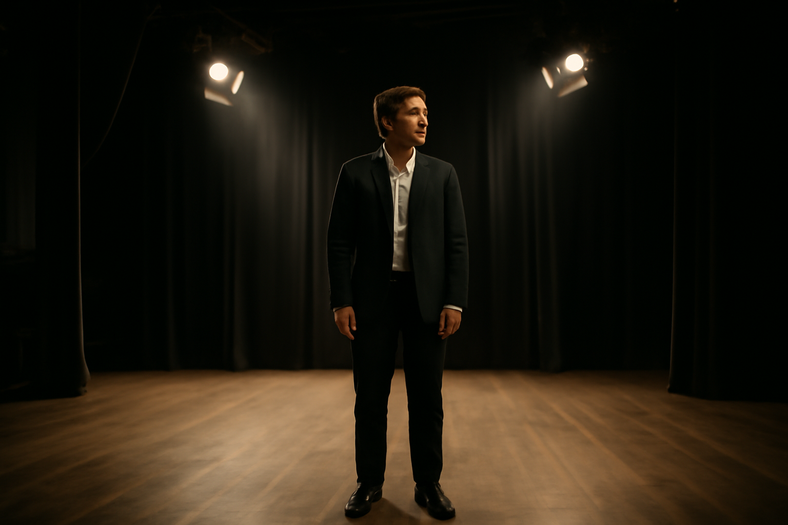 peau d'homme theatre : scène avec comédien portant un costume sombre et un jeu de lumière dramatique