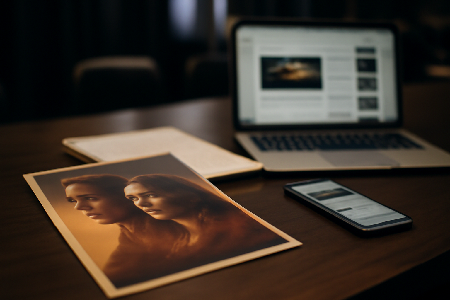 Affiche de film et notes de presse sur une table, ambiance cinéma people avec documents annotés