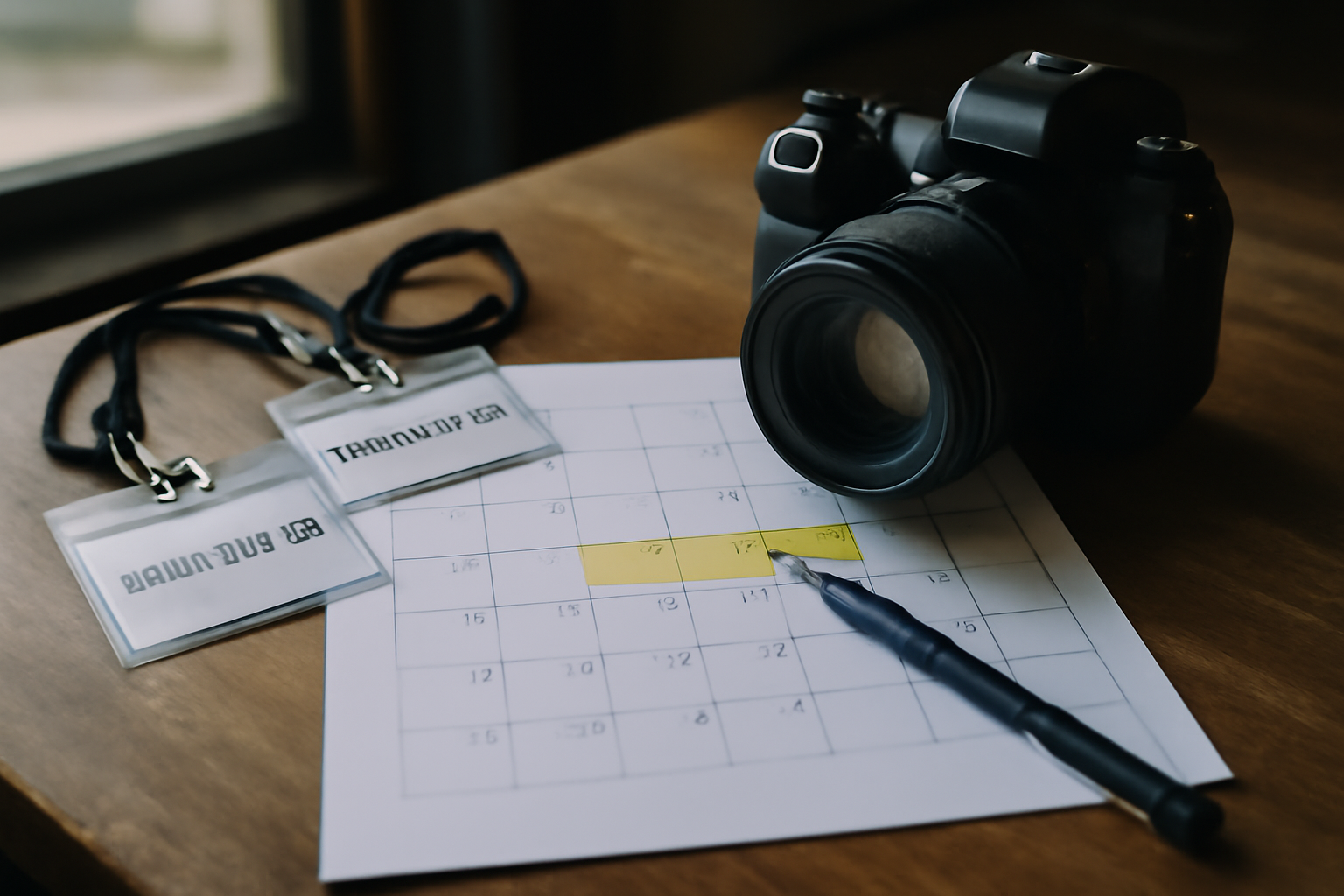 Calendrier de tournage annoté et badges production posés à côté d’un appareil photo sur une table