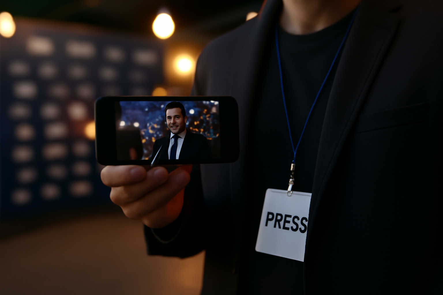Photocall de festival avec badges presse et smartphone affichant une interview, ambiance cinéma people
