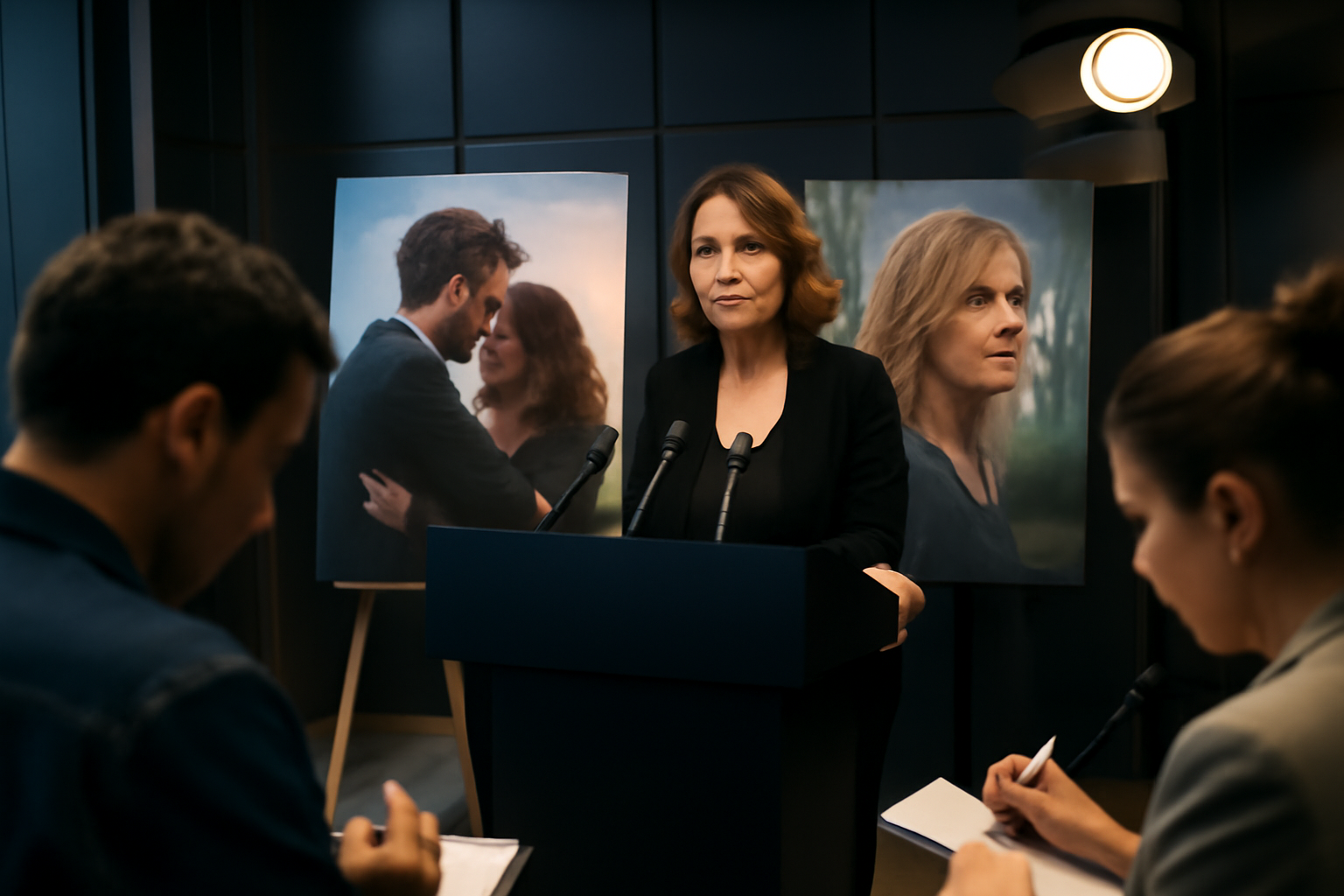 photo photoréaliste d’une conférence de presse cinéma en France avec un micro, un pupitre, des affiches de film en arrière-plan et des journalistes