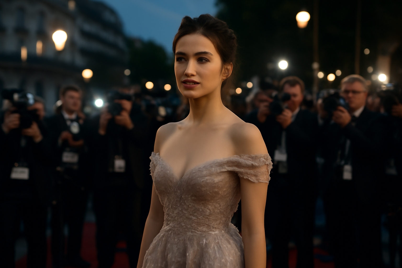 Tapis rouge à Paris avec une actrice portant une robe couture et des photographes en arrière-plan, ambiance cinéma people