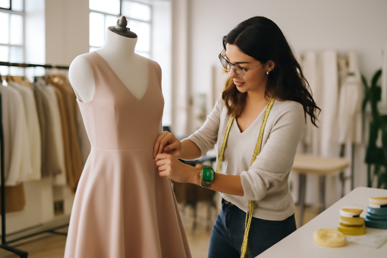 Styliste ajustant un vêtement sur un portant dans un atelier, ambiance coulisses cinéma et mode
