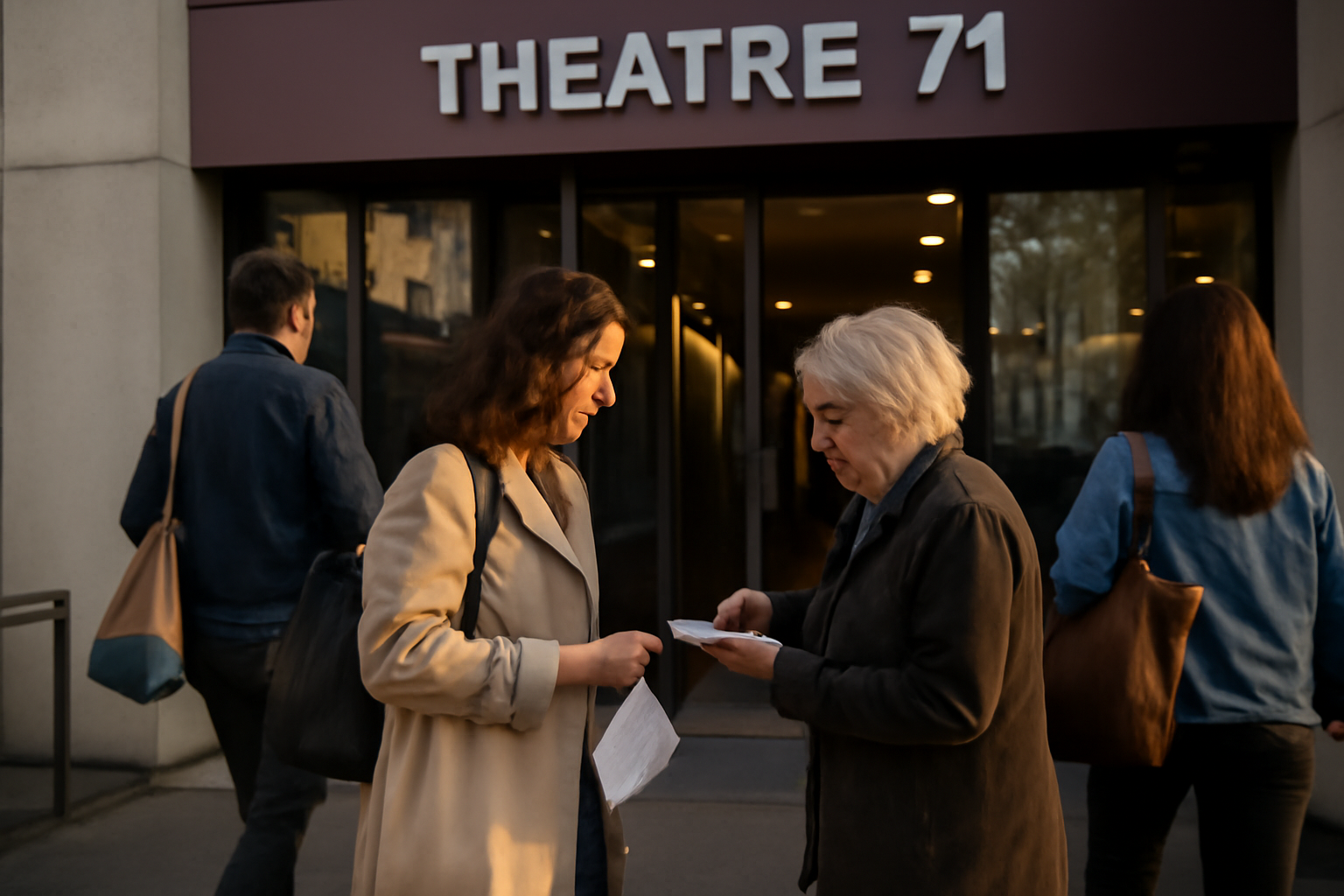 Entrée du théâtre 71 à Malakoff, public entrant dans la salle