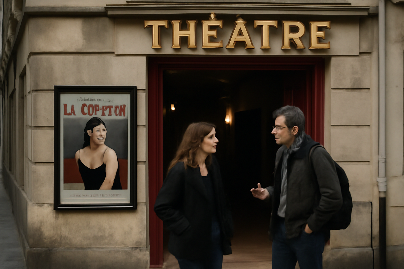 Façade du théâtre de la contrescarpe à Paris, entrée de salle et affiche de spectacle