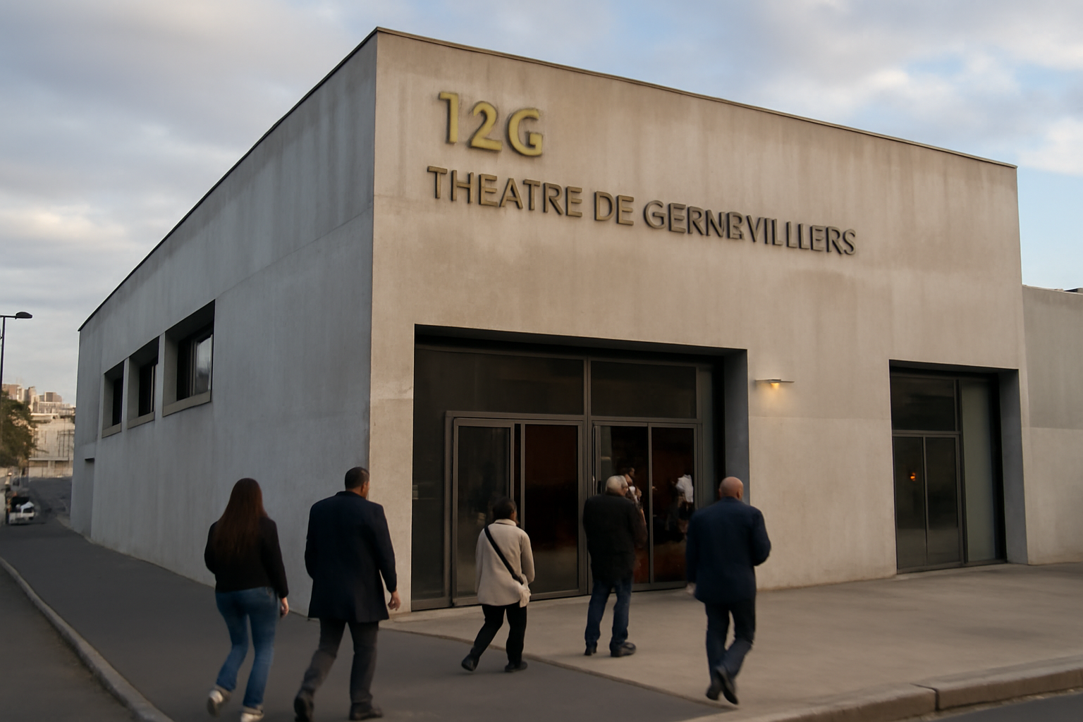 Façade du théâtre de gennevilliers T2G à Gennevilliers, entrée en lumière du soir, public entrant