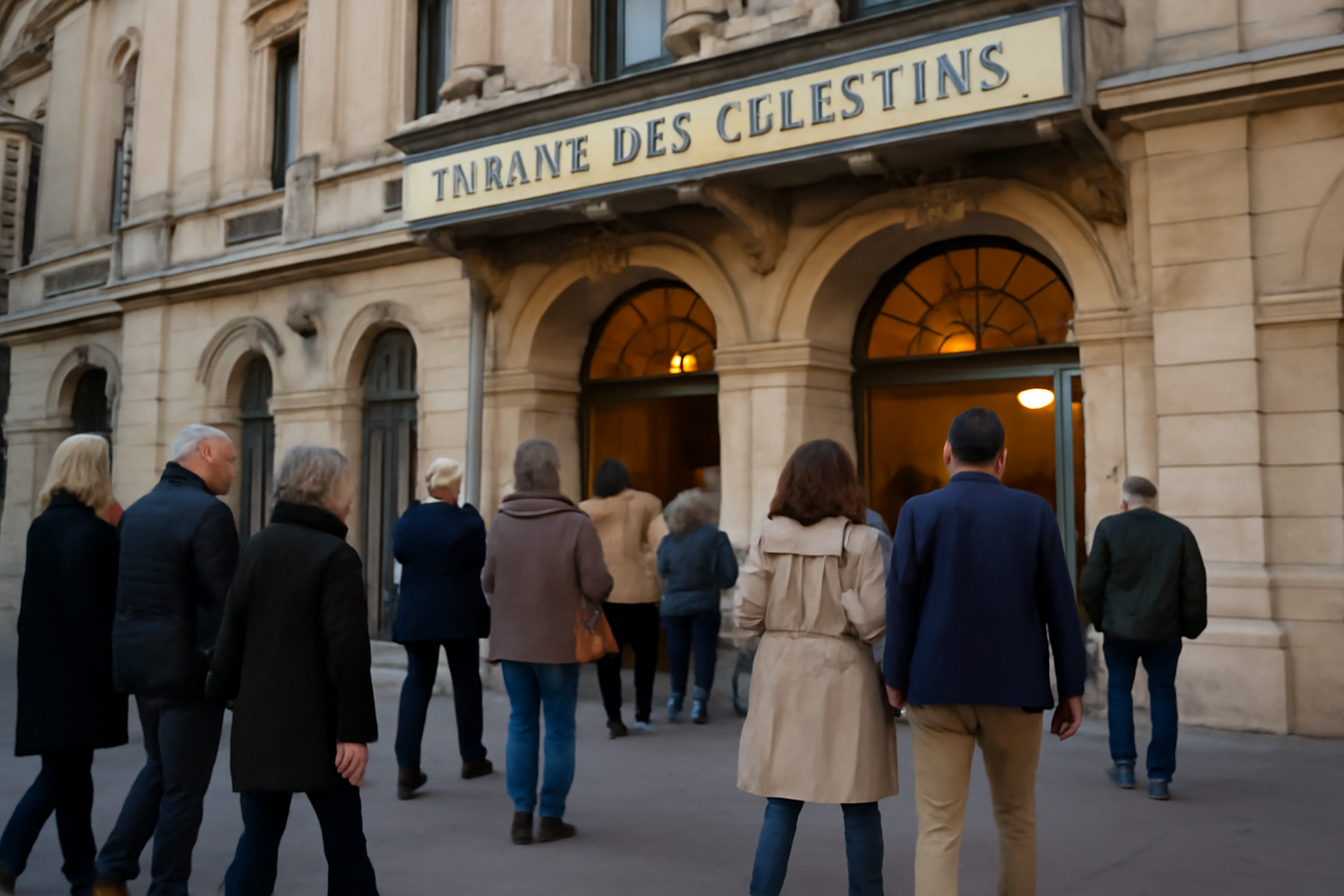 Façade du théâtre des célestins à Lyon, public entrant avant un spectacle