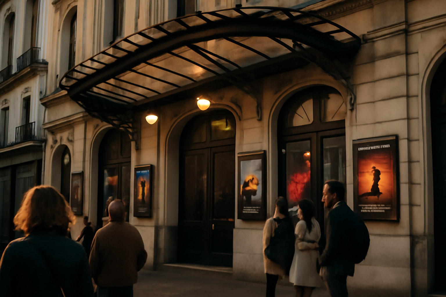 Façade du théâtre des mathurins à Paris, entrée et affiches de spectacles sous lumière de jour