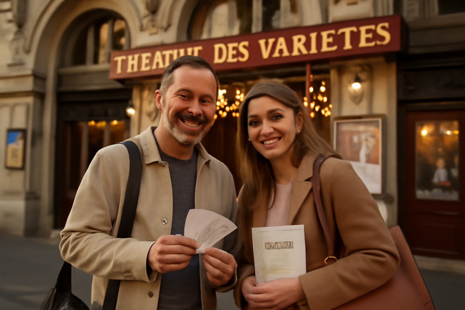 Vue extérieure du théâtre des variétés à Paris, boulevard Montmartre, billets en main