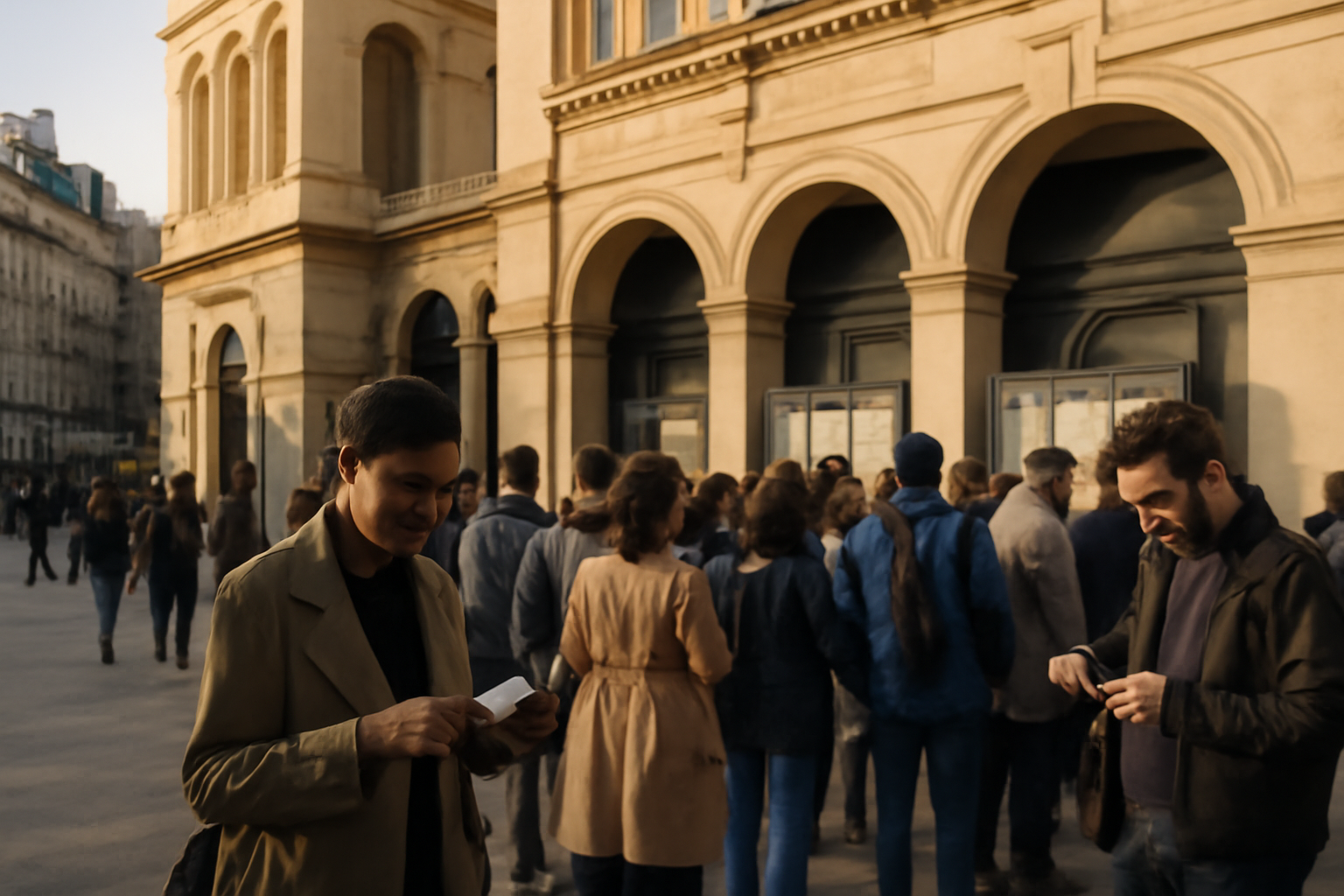 Entrée du théâtre du Châtelet à Paris, foule devant la billetterie, ambiance nocturne