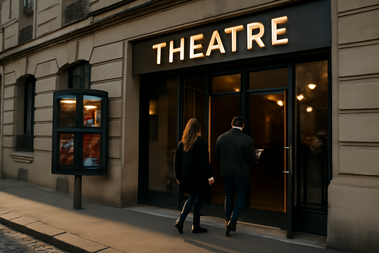 Façade du théâtre du nord-ouest à Paris 9, entrée de salle et affiches de spectacles