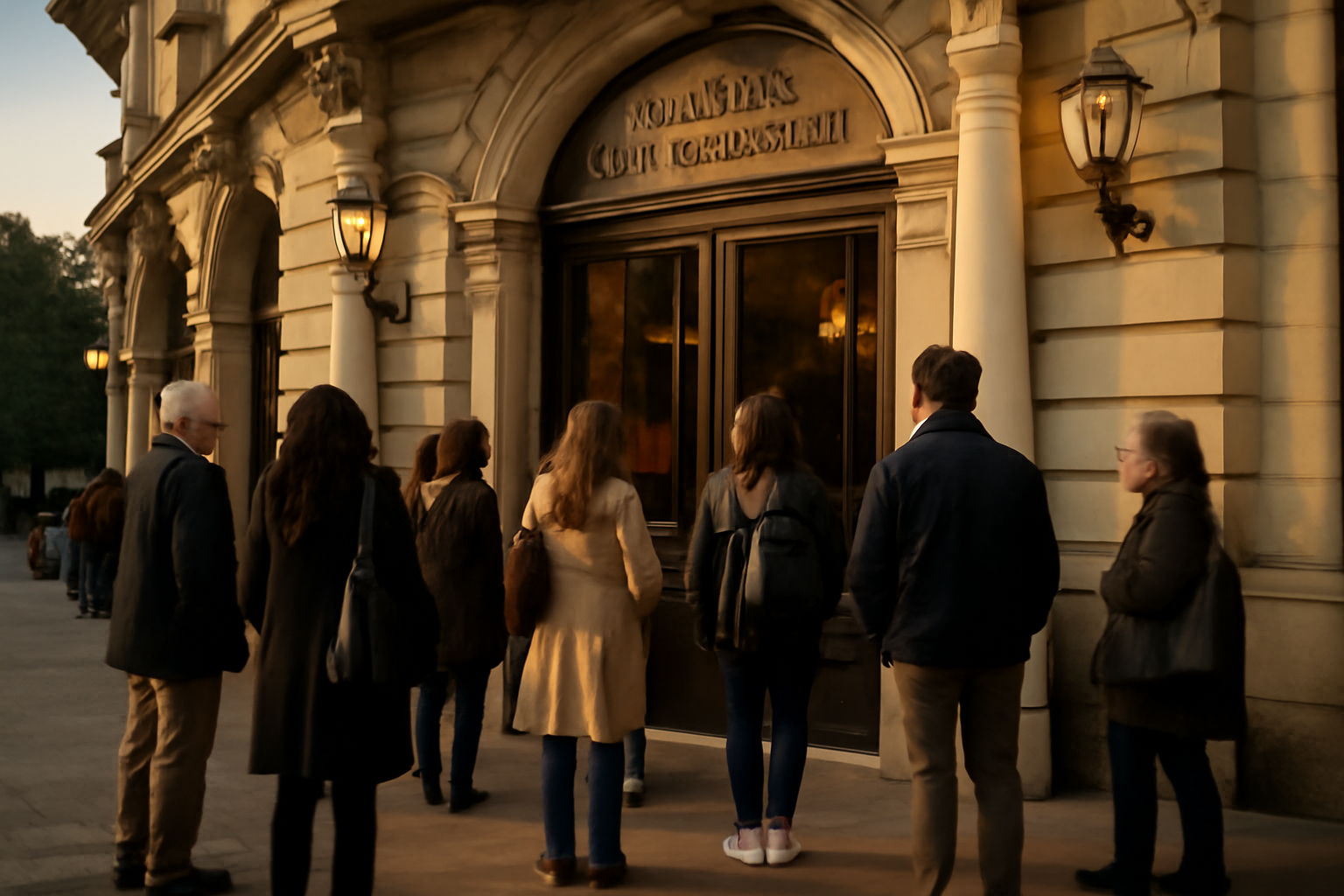 Façade et entrée du théâtre Sarah Bernhardt à Paris, place du Châtelet, avec public attendant et lumière de fin d'après-midi