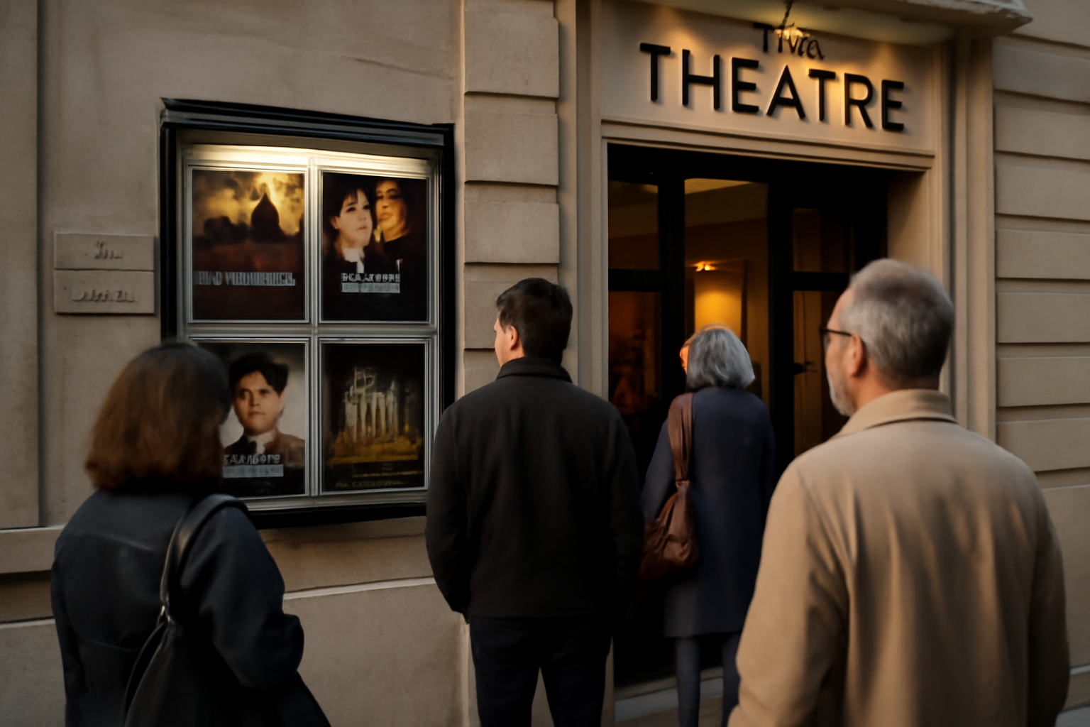 Façade et entrée des ateliers berthier à Paris, public entrant avant une représentation, éclairage naturel du soir