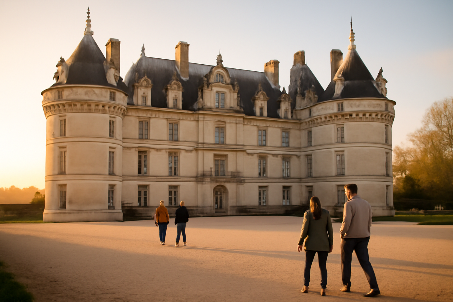 Façade du château du Lude au lever du jour, visiteurs sur l’esplanade, ciel clair