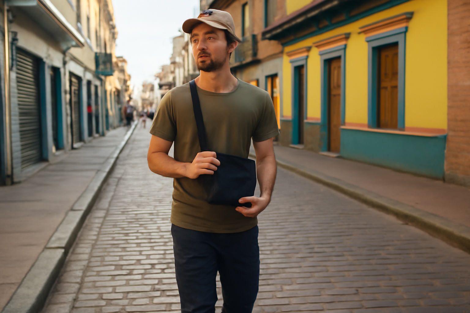 Colombie tourisme danger : voyageur à Bogota dans la rue, téléphone rangé et sac fermé, lumière du matin