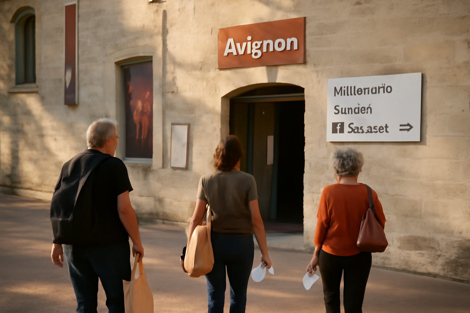 confluence avignon : entrée d’un lieu culturel à Avignon, lumière de fin d’après-midi, passants et signalétique