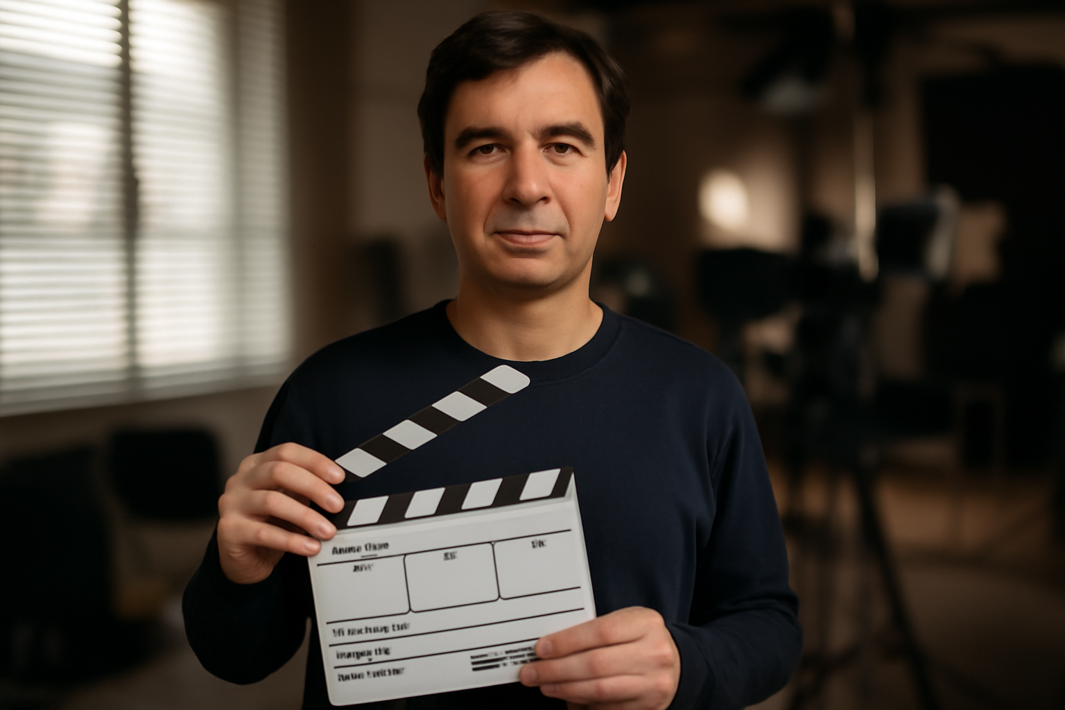 Portrait d’Éric Naggar sur un plateau de tournage, clap de cinéma à la main, lumière douce, décor de plateau en arrière-plan