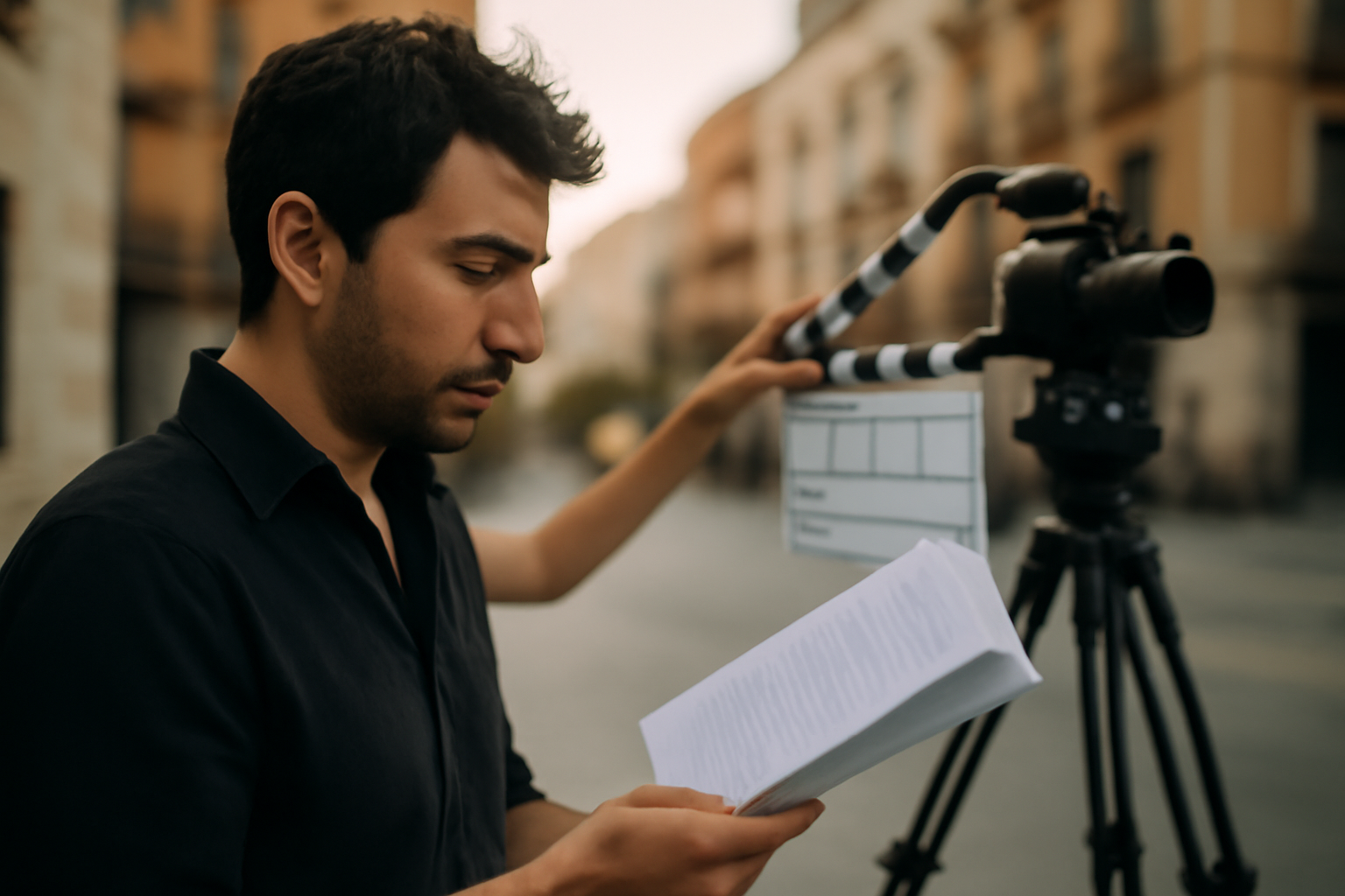 gil velle javivi sur un plateau de tournage en Espagne, Javier Gil Valle de profil, lumière naturelle, caméra et clap en arrière-plan