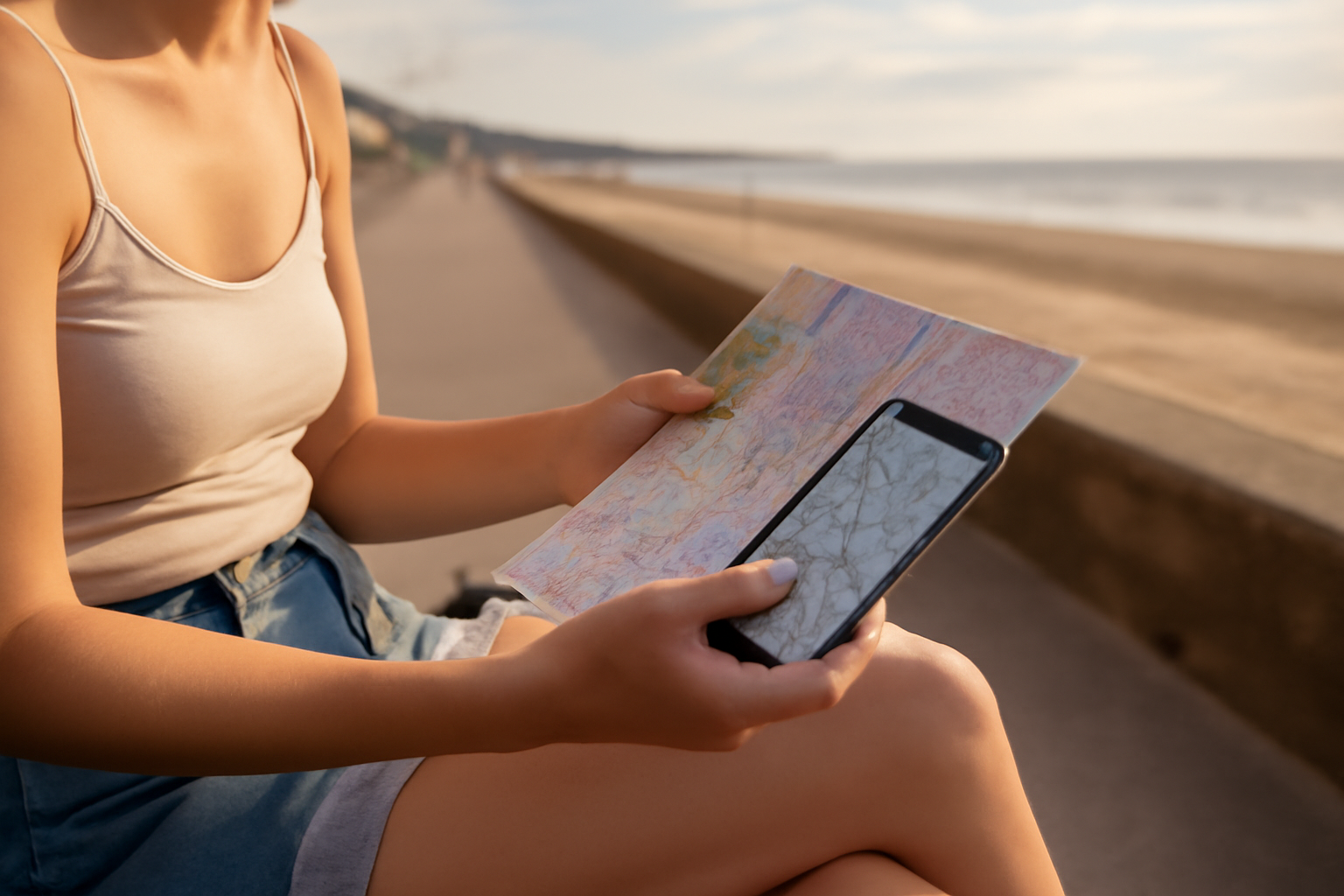 Houlgate carte sur un plan de ville près de la plage, mains tenant un smartphone avec itinéraire, lumière de fin d’après-midi à Houlgate