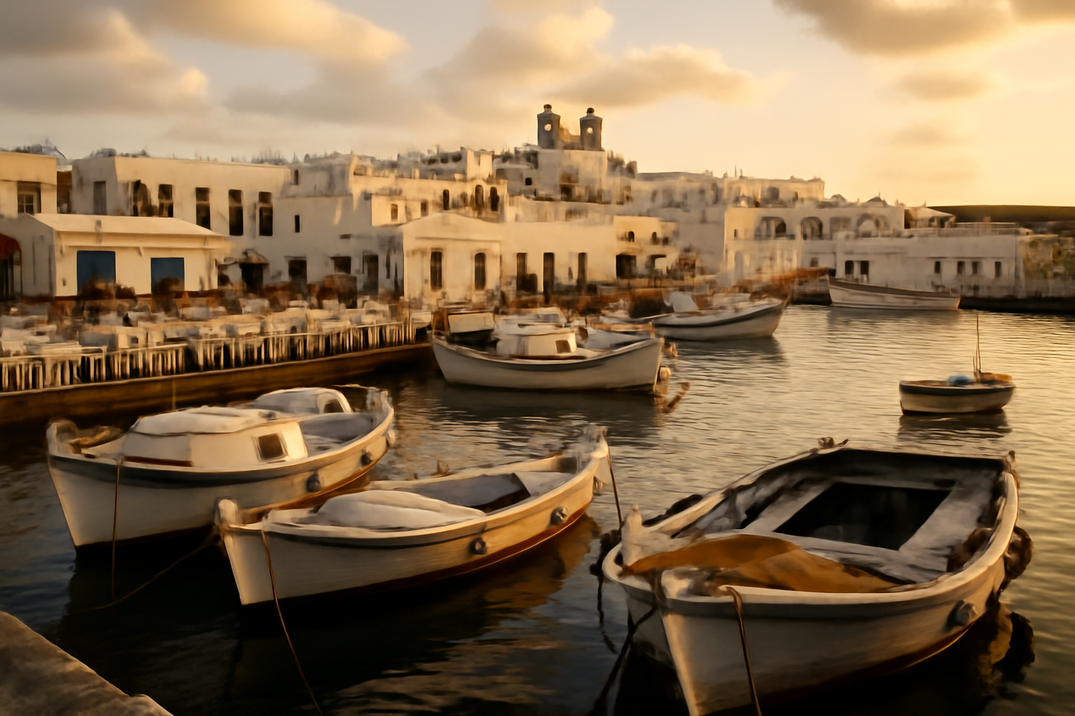 ile de paros : vue sur le port de Naoussa et les terrasses au coucher du soleil