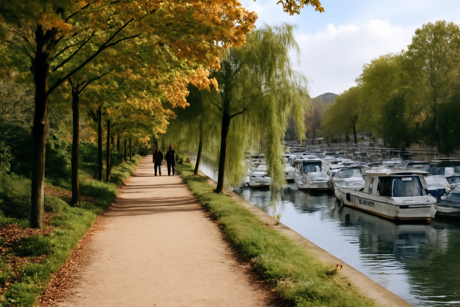 jardin du port de l’arsenal à Paris le long du bassin avec bateaux amarrés et lumière de fin de matinée