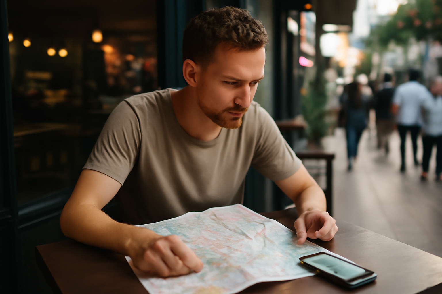 kuala lumpur carte imprimée pliée sur une table près de l’hôtel, vue sur un plan de ville et un smartphone en mode navigation