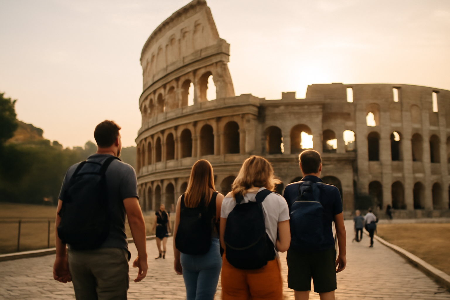 monument a rome : Colisée et Forum romain au lever du soleil, touristes en file et ruelles