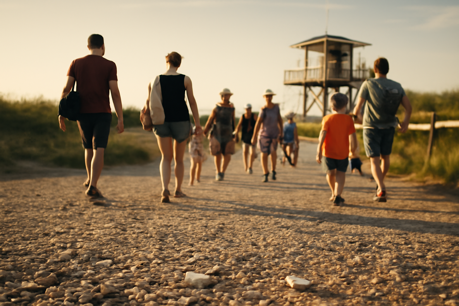 plage du pilou à Villeneuve-lès-Maguelone avec visiteurs près d’une passerelle et poste de surveillance