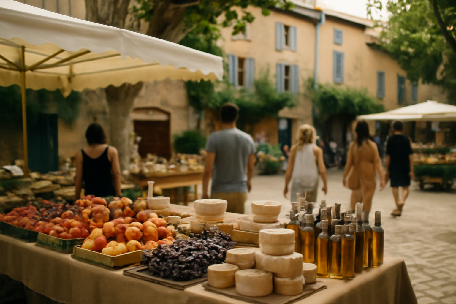que faire ce week end en provence : marché provençal du samedi matin sur une place de village, étals de fruits, fromages et huiles
