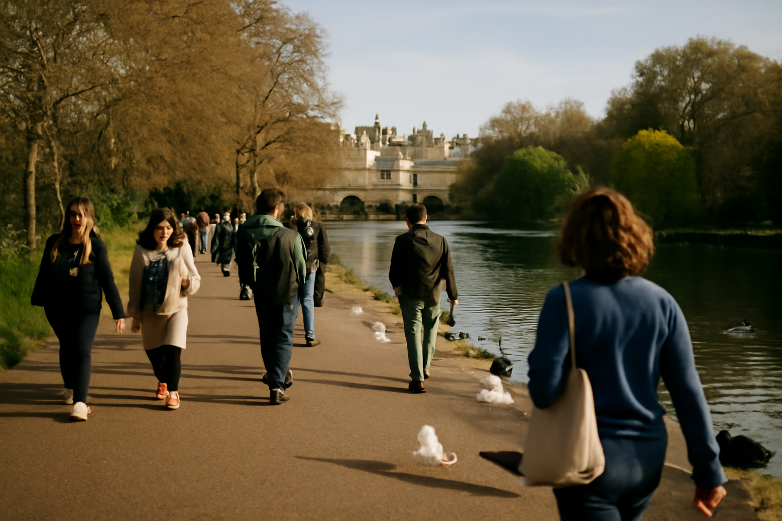 Promenade autour du lac dans saint james park londres avec visiteurs et perspective sur les bâtiments royaux