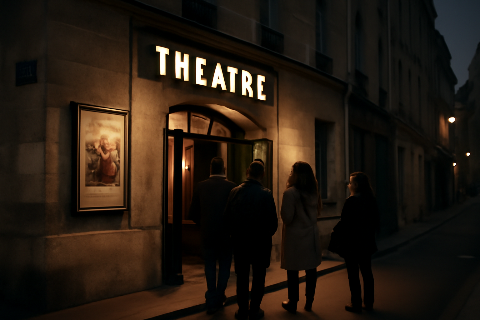 théâtre de la huchette, entrée parisienne de nuit, affiche de spectacle et passants